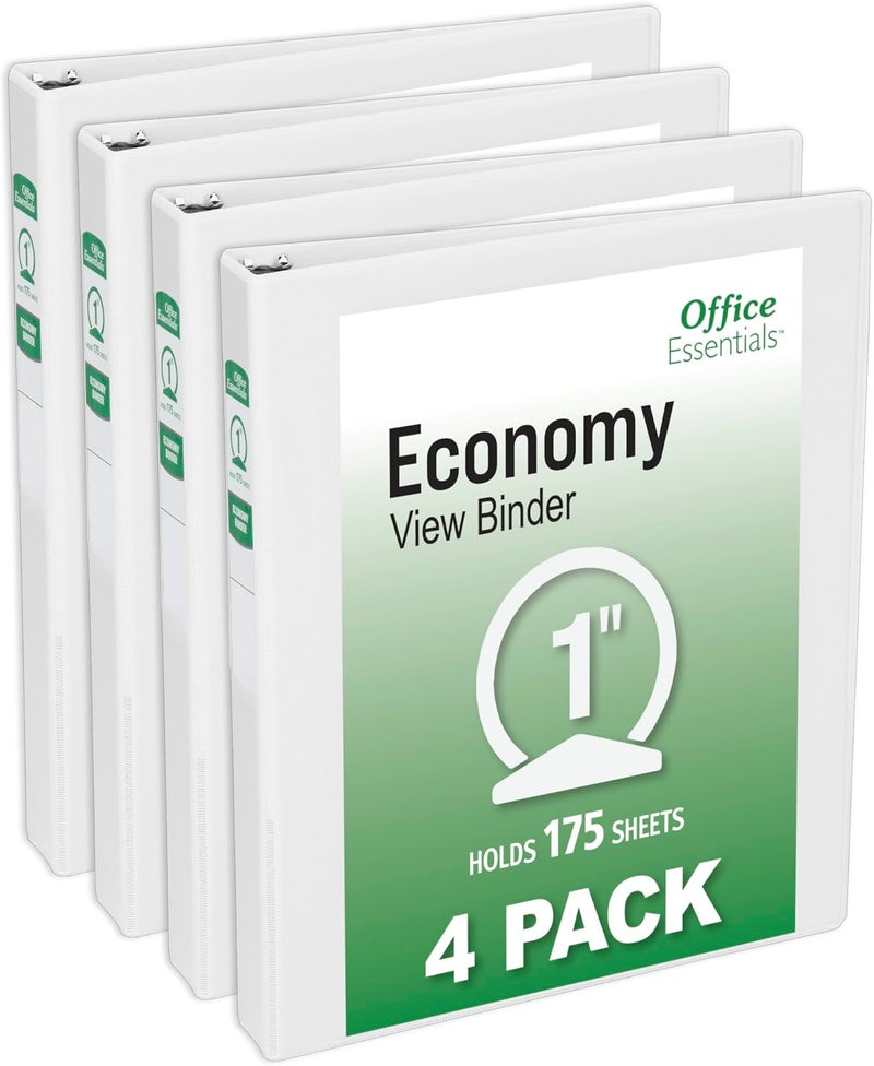 Office Essentials Economy View 3 Ring Binders, 1" Round Rings, 1.4" Spine, 175-Sheet Capacity, White Binders, Ideal for Occasional Use and Light Referencing (4-Pack of 03126) - Image 1